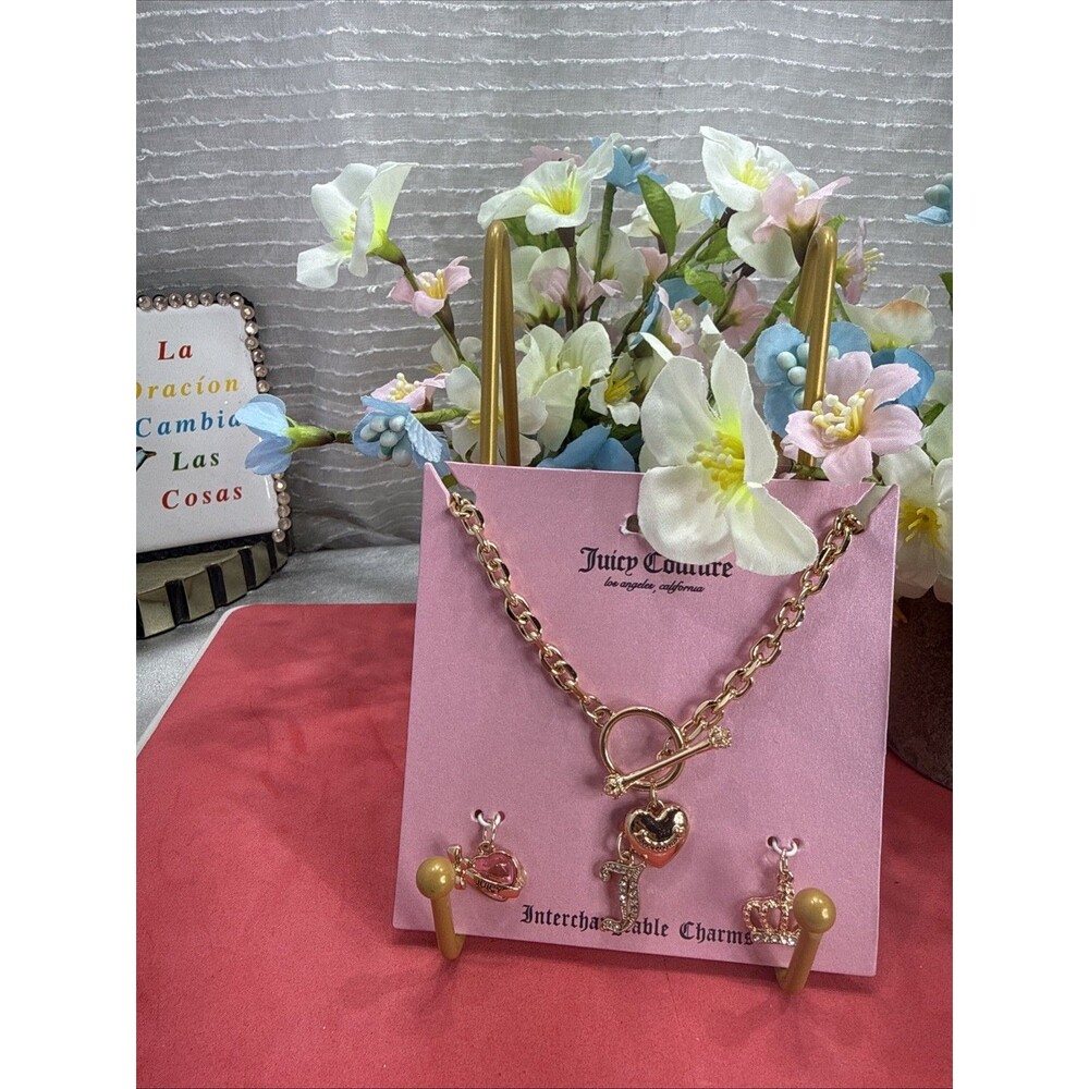 (Z4)Juicy Couture W/assorted Charms, Heart, Crown, Bow17”Toggle Pendant Necklace
